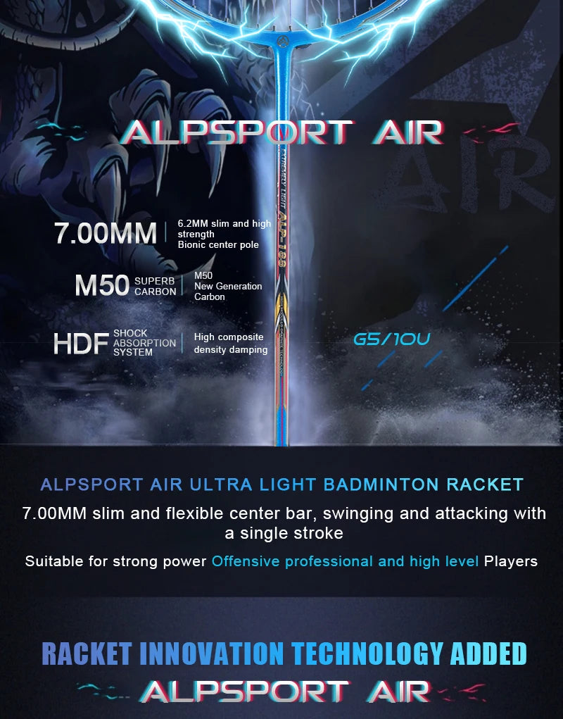 Alpsport AIR 10U Badminton Racket 52g Ultralight, HM Carbon Fiber & Titanium, 28lbs Fast Rebound for Pro Players
