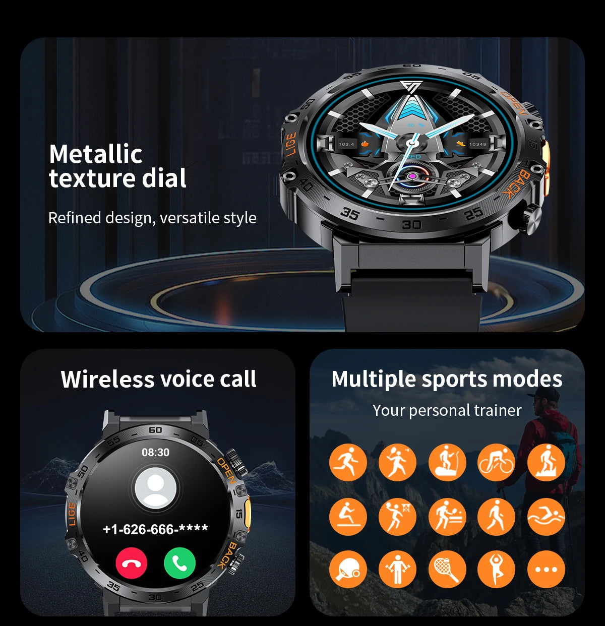 LIGE LED Flashlight Smart Watch Military Watches SOS Bluetooth Call Waterproof Health Monitor Sport Smartwatch For Android ios