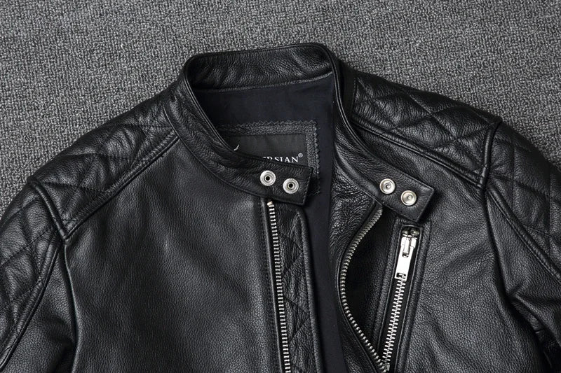 New fashion Men Leather Jacket 100% Genuine Cowhide Coat White Stripes Cool Biker Slim Short Autumn Leather Clothing.