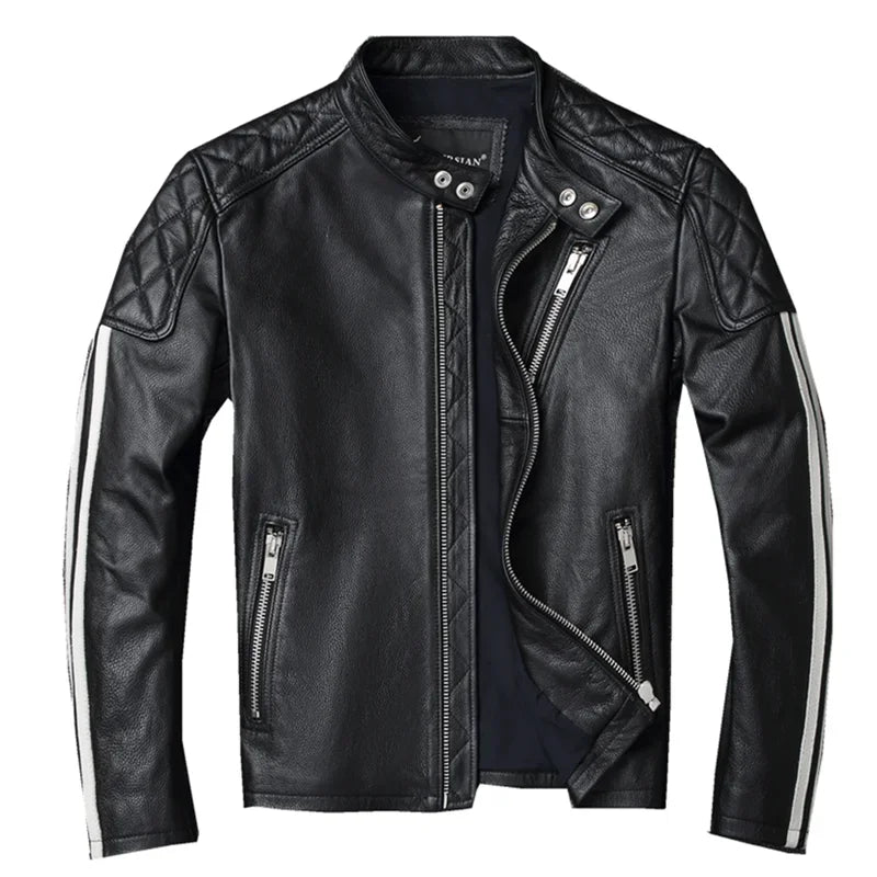 New fashion Men Leather Jacket 100% Genuine Cowhide Coat White Stripes Cool Biker Slim Short Autumn Leather Clothing.