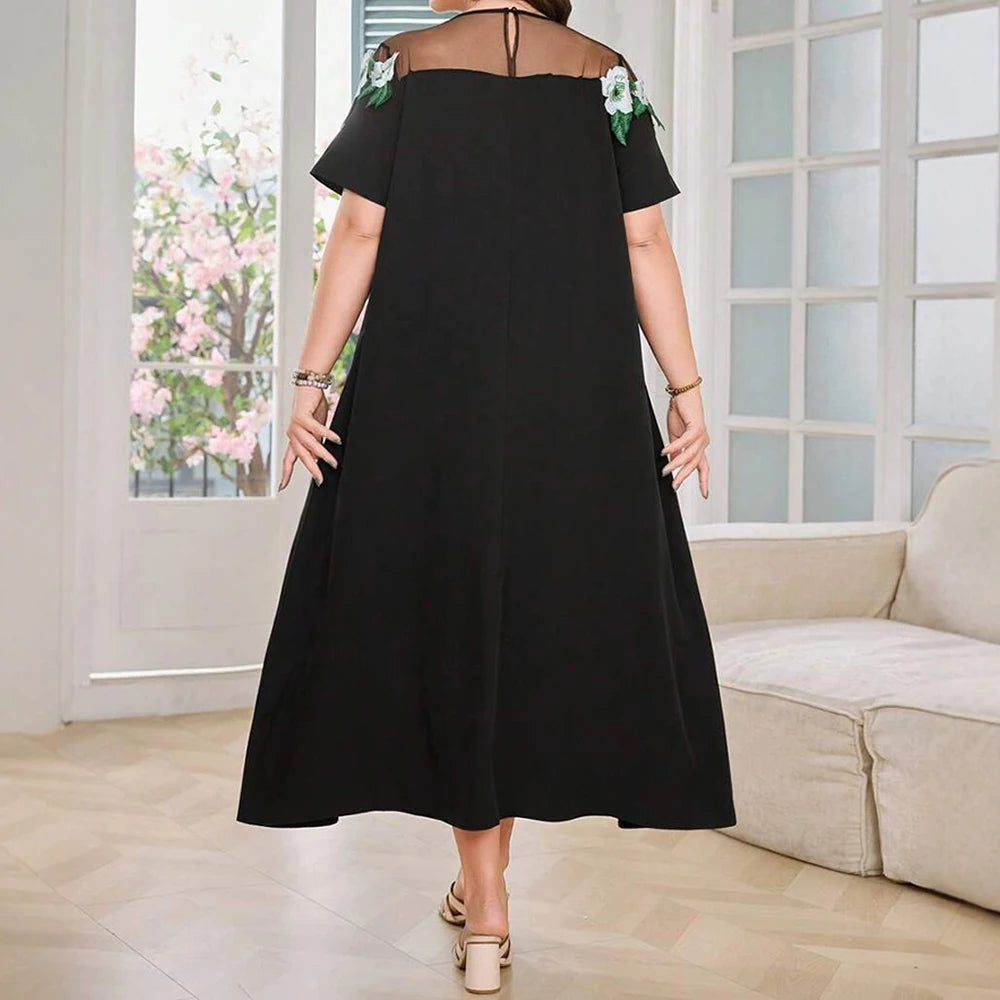 Plus Size Rafiah Women's Arabian Dress Summer Fashion Decent Floral Short Sleeve Round-Neck Midi Casual Shift Dresses