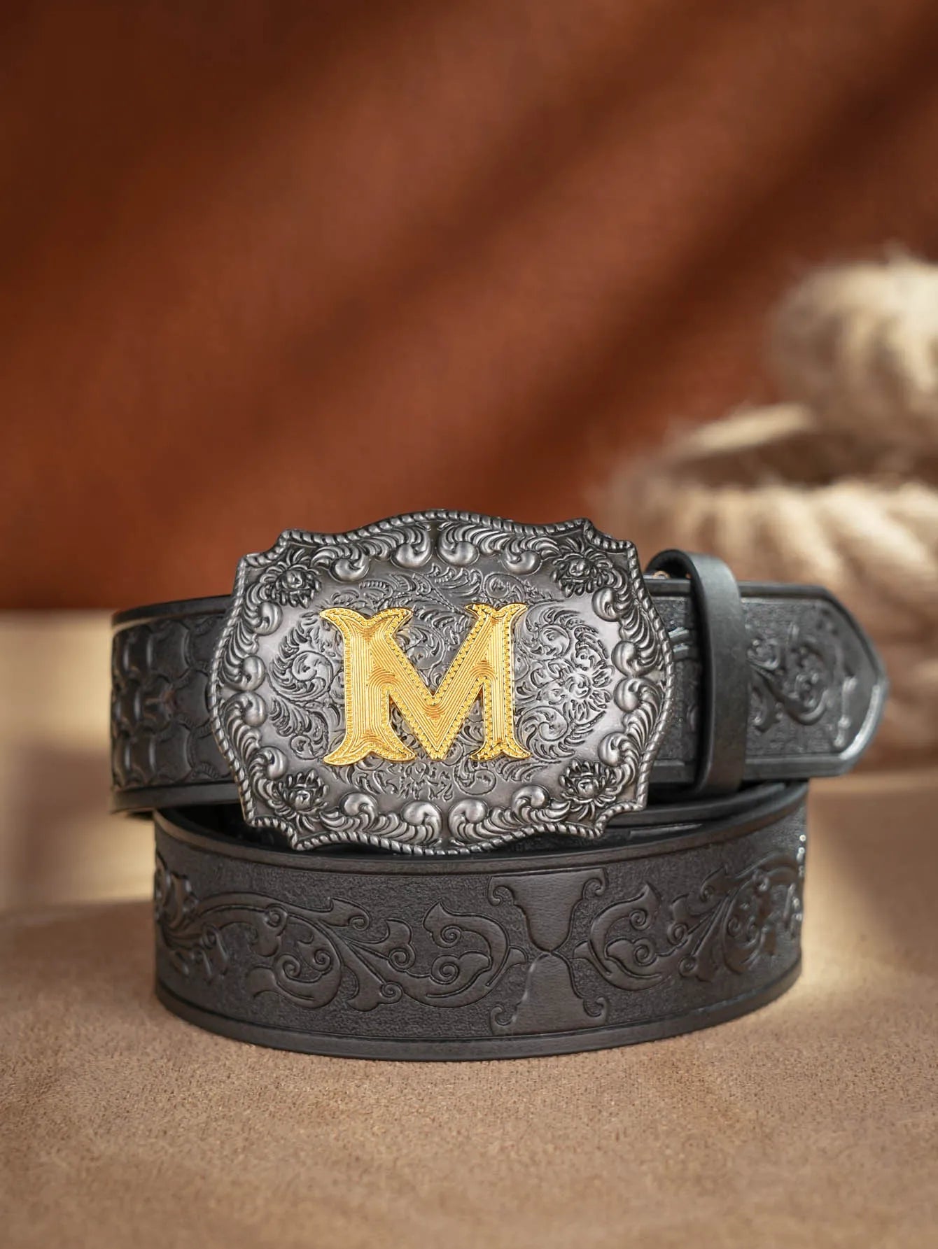Western Cowboy PU Leather Belt - Men Waist Strap Bull Decoration Floral Engraved for Jeans