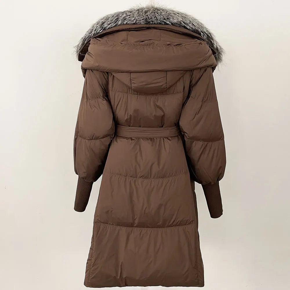 2025 Autumn Winter Women Coat Real Natural Fox Fur Long Down Jacket Thick Warm Casual Hooded White Duck Down Elegant Overwears