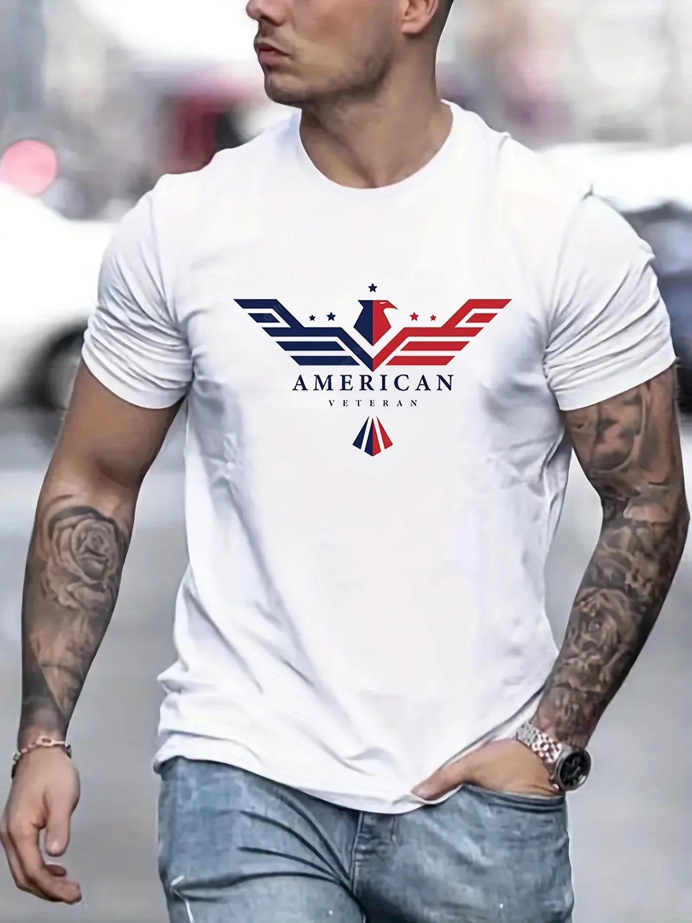 Men’s Summer 100% Cotton Bald Eagle USA Print T-Shirt
