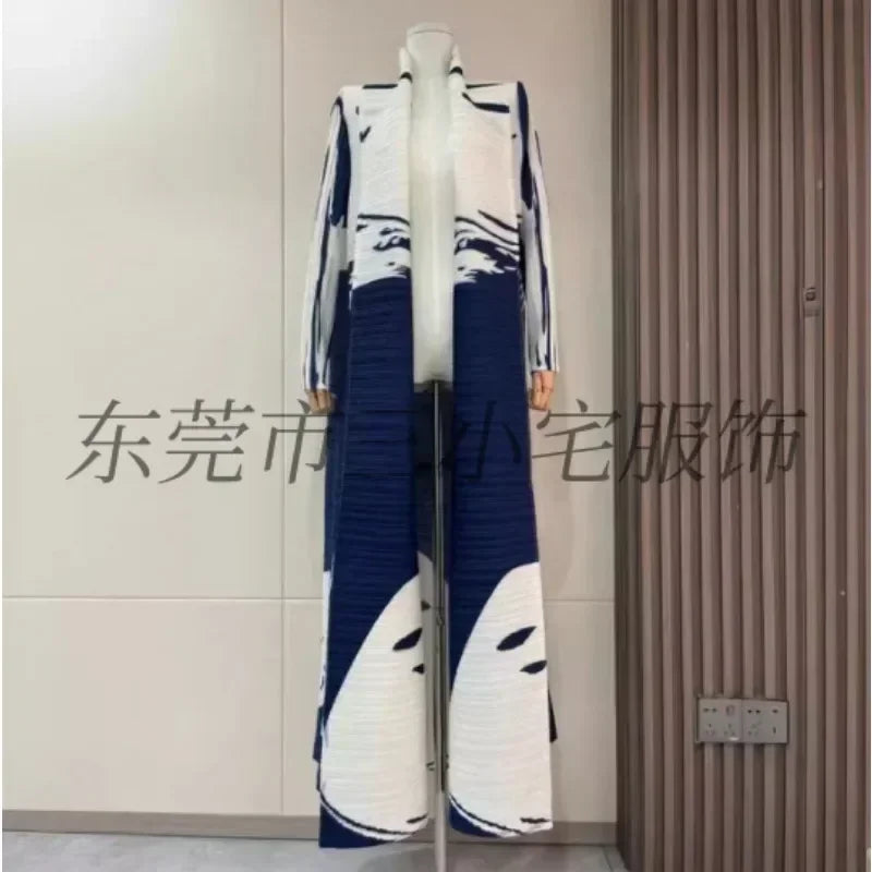 KAF Pleated Women Trench Coat Vintage Printed Cardigan Design Loose Plus Size Women Long Dress Dubai Female Luxury Abaya 2024