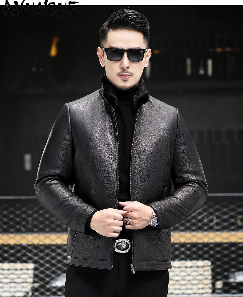 AYUNSUE 100% Real Goatskin Men Leather Jacket Stand Collar Detachable Down Liner and Mink Fur Liner Jackets Winter Mens Fur Coat