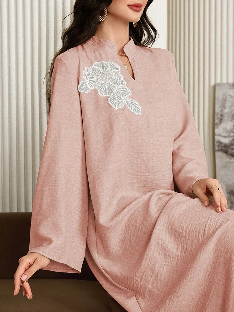 Rafiah Women's Even Dress 2025 Modest Fashion Embroidery Long Sleeve Half Open Neck Midi Kaftan Jalabiya Long Dress