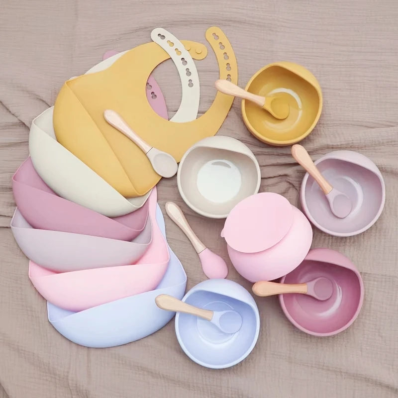 9pcs Baby Silicone Feeding Waterproof Set Children Suction Bowl Plate Spoon Fork Bibs Cup Kids Training Tablewear Bpa Free Gifts