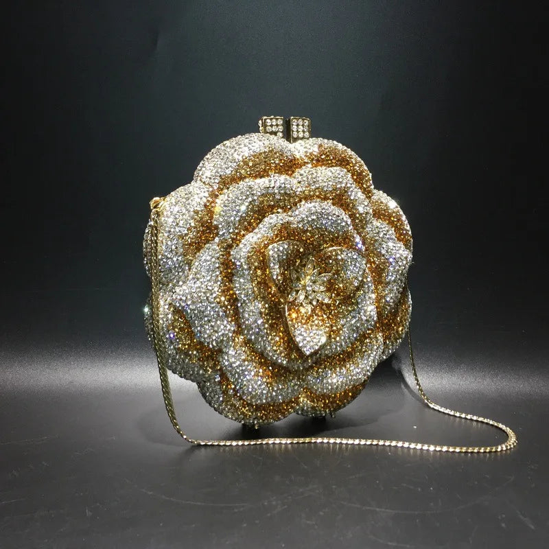 Rose Flower Pink/Green Rhinestones Evening Clutches Women Floral Yellow Crystal Evening Bags Bridal Wedding Party Clutch Purse
