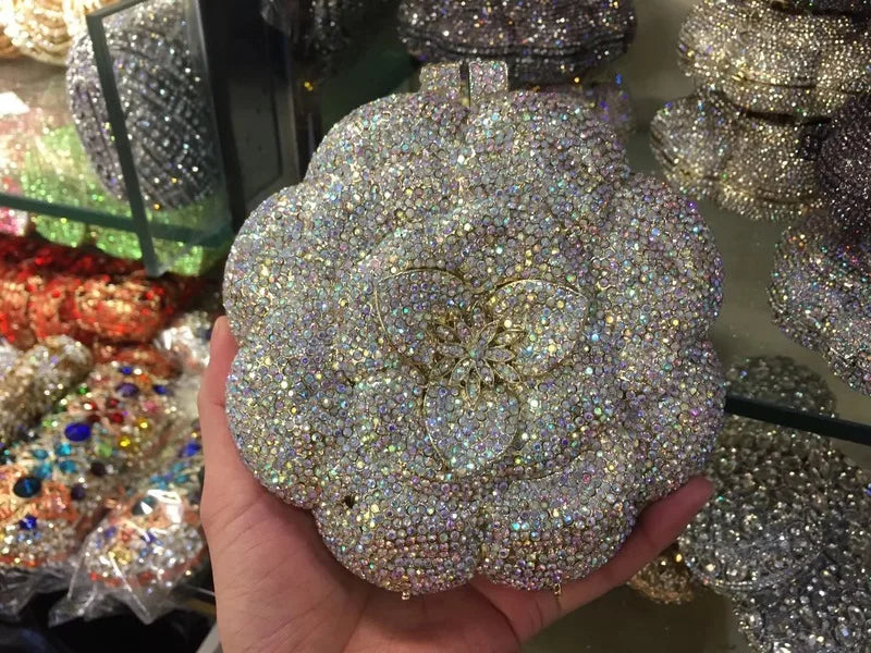 Rose Flower Pink/Green Rhinestones Evening Clutches Women Floral Yellow Crystal Evening Bags Bridal Wedding Party Clutch Purse