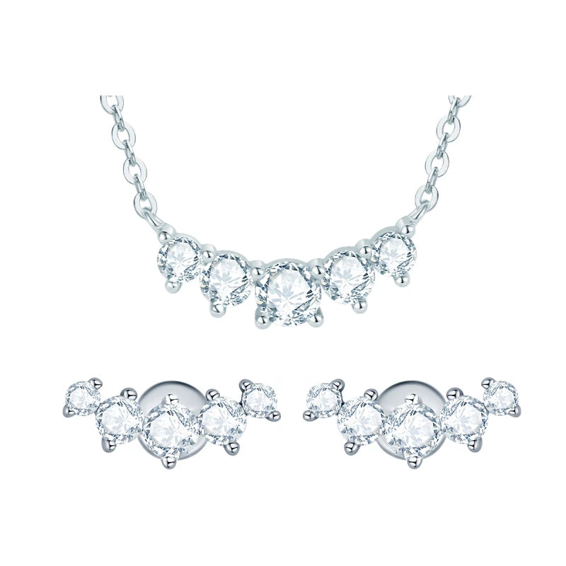 18K Gold Plated 925 Silver Real Moissanite Jewelry Set 5-Stone Smile Pendant Necklace Stud Earrings Sets for Women Christma Gift