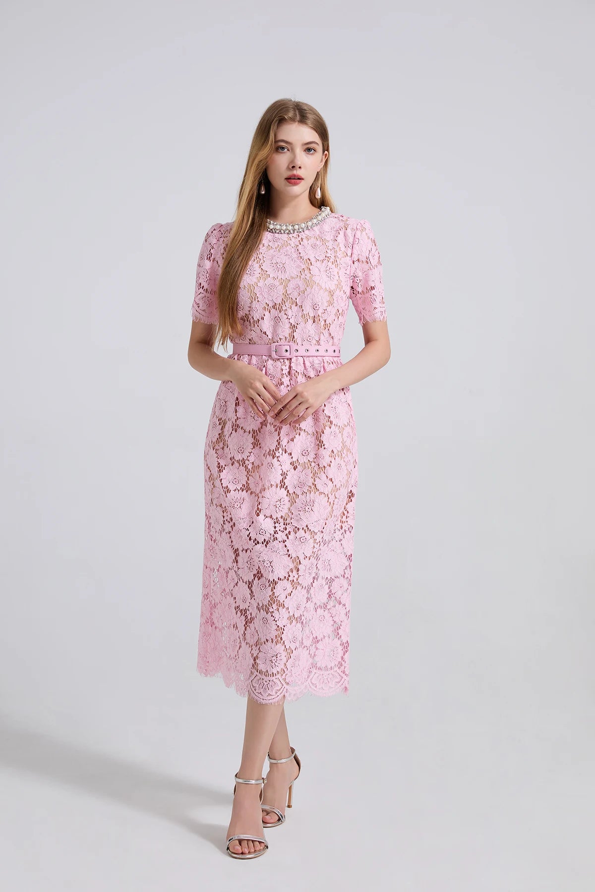 Luxury Eyelash Lace Mid-Calf Party Dress – Women’s Summer Short Sleeve A-Line with Crystal Beading, Hollow-Out Design – Pink Bridesmaid & Prom Gown