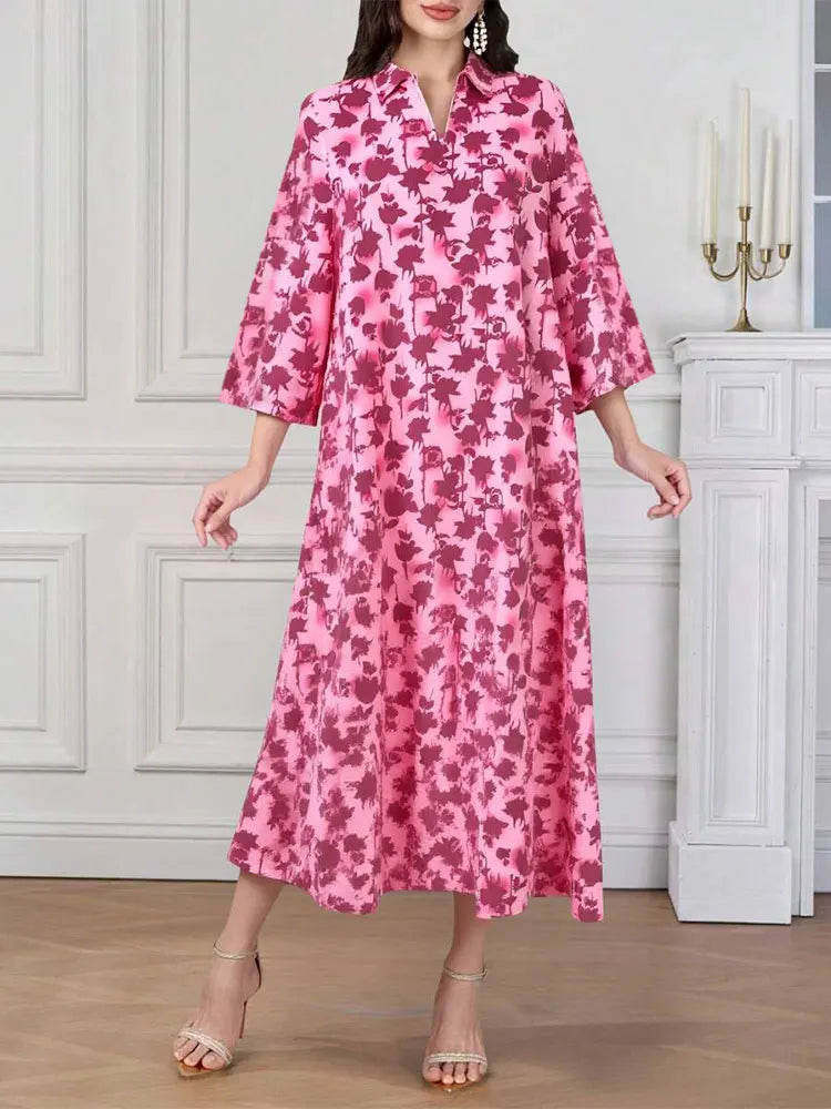 Rafiah Women's Dresses Summer Comfortable 2025 Full Print Casual Long Sleeve Shirt Collar A-Line Midi Vacation Long Dresses