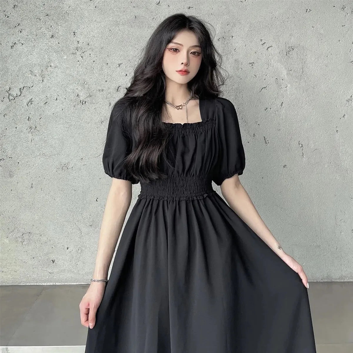 Sweet Retro Hepburn Sle Square Collar Dr Waist-Cinching Long Bla Dr Initial Love Tea Break Faionable Summer Dr