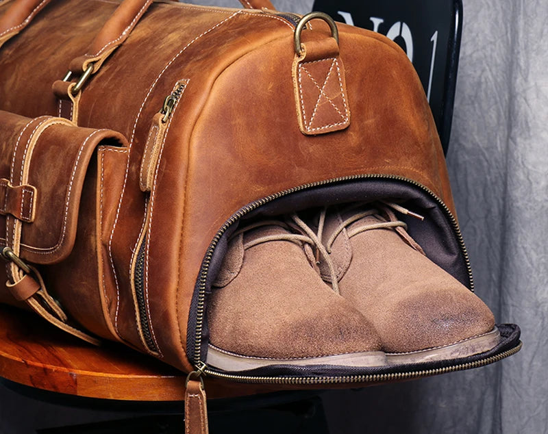 MUNUKI Vintage Crazy Horse Genuine Leather Travel bag Large Luggage bag men Leather duffle bag Large Weekend Bag Tote Big