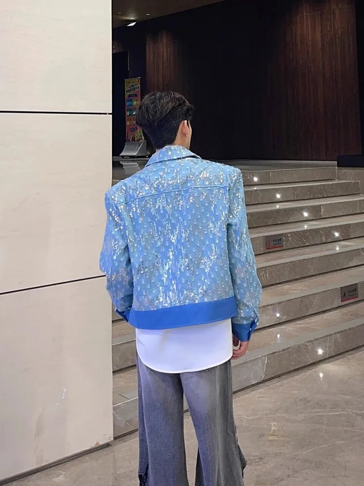 Mens Blue Denim Jacket Fashion Sequined Chain Turn-Down Collar Spring Autumn Short Coat Single Breasted Casual Outerwear Male