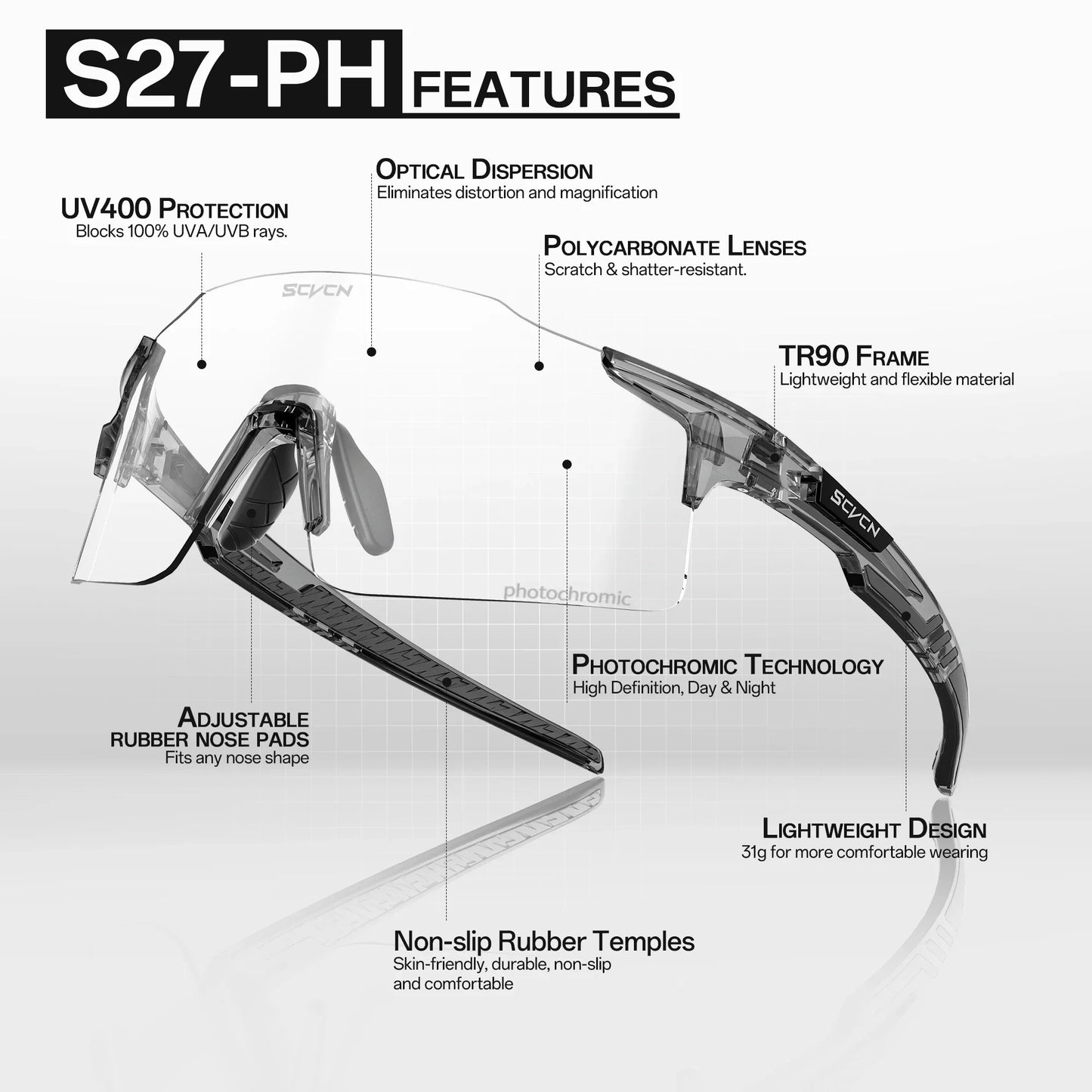SCVCN New Photochromic Bike Driving Cycling Eyewear Outdoor Road Sunglasses Men Women Sports Glasses MTB UV400 Riding Goggles