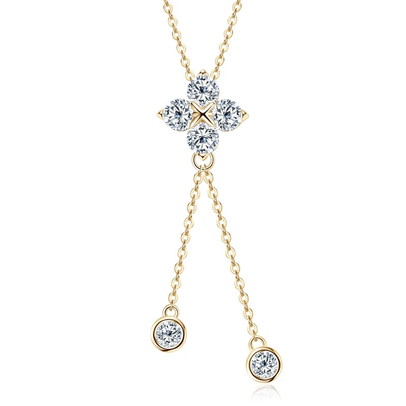 Lnngy Niche Light Tassel Pendant Moissanite Necklace 925 Sterling Silver Four-leaf Flower Necklaces for Women 2024 Trend Jewelry