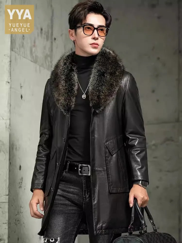 Men’s Luxury Sheepskin Leather Winter Coat – Mid-Long Business Trench with Fur Collar