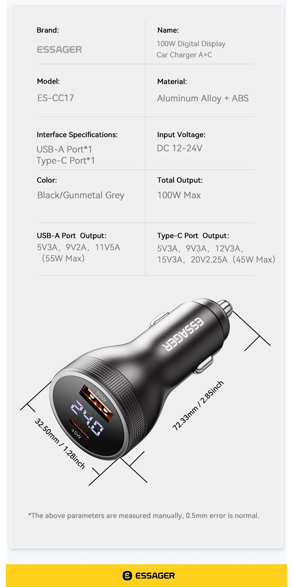 Essager 100W Car Charger USB C Quick Charge PD 45W for iPhone 15 pro 14 Xiaomi Poco Samsung Galaxy S24 Fast Charger Charging