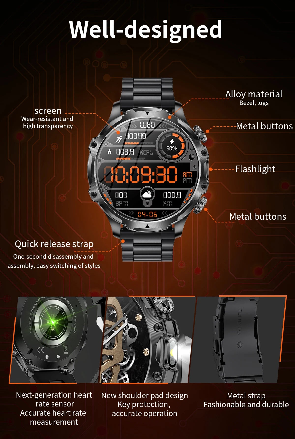 LIGE New 1.9" AMOLED 416*416 Screen Smart Watches Flashlight Outdoors Sports Fitness Tracker 700mah Large Battery Men Smartwatch