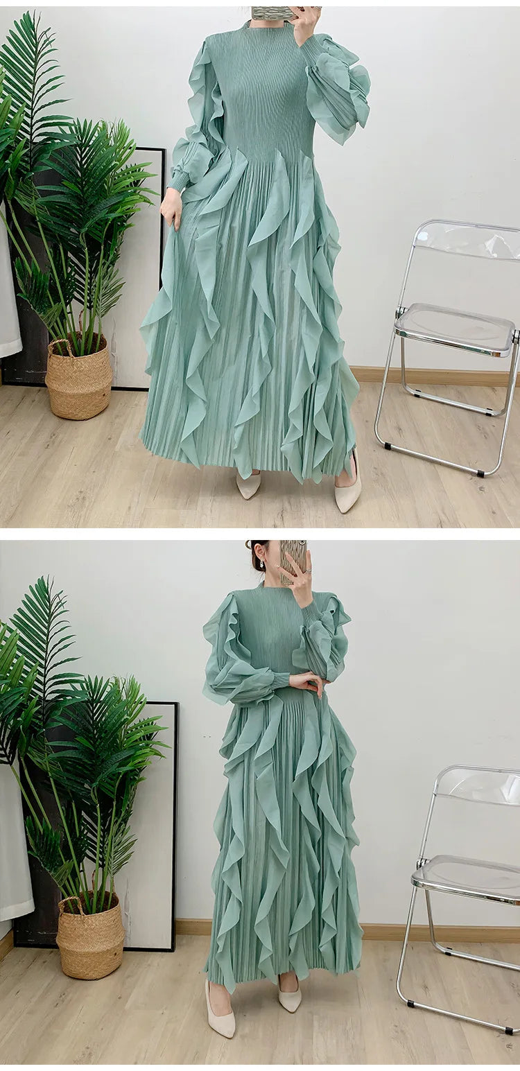 Fashion Ruffles Pleated Dress Women Round Neck Flare Sleeves Solid Maxi Belt Dresses Party 2025 Autumn New