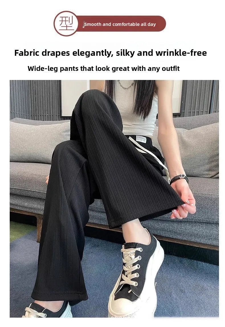 High Quali Ice Silk Wide Leg Pants Women's Straight Leg Casual Trousers Summer New Sle Trendy High Waist Nine Points