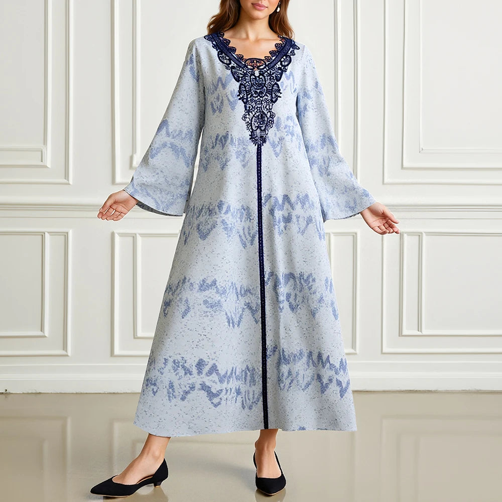 Rafiah Women's Dresses Summer Elegant Decent 2025 Print Long Sleeve V-Neck Midi A Line Casual Long Dress