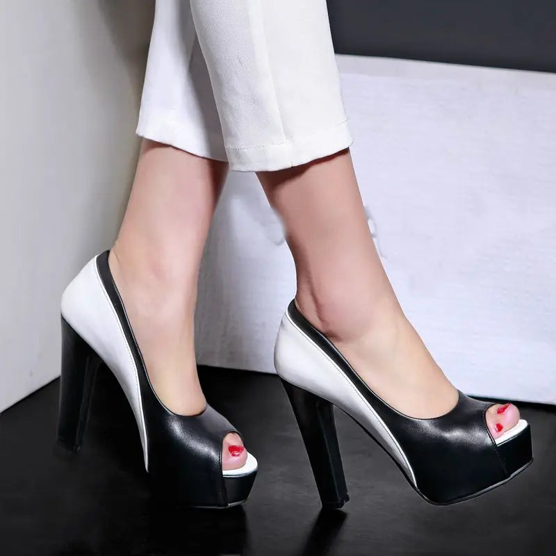REAVE CAT Sexy Women’s Peep Toe Sandals 10cm High Square Heel Platform Slip-On Party Shoes Plus Sizes EU 32-50 Mixed Colors
