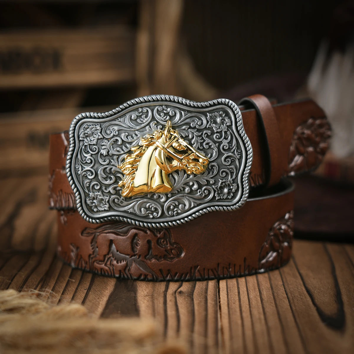 Western Cowboy Leather Buckle Belts Horse Pattern Floral Engraved Buckle Belt for Men