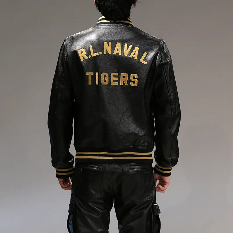 Men's top quality stand collar real leather jacket baseball tiger embroidery Fashion leisure first layer cowhide leather coat