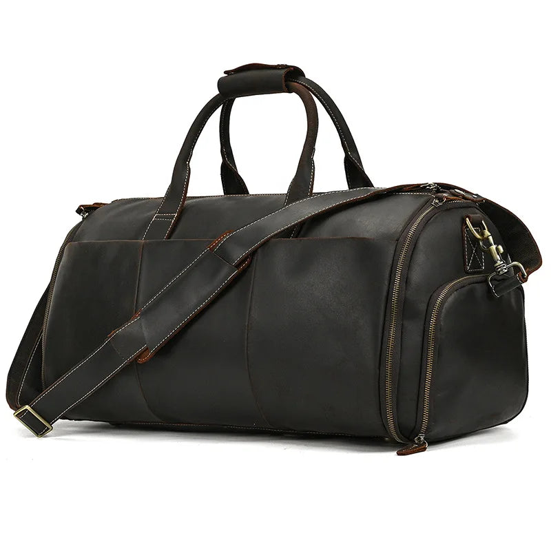 Crazy Horse Leather Folding Suit Bag Man Business Travel Bag With Shoe Pocket Clothes Cover Luggage Duffel Bag Man Bag For Suits