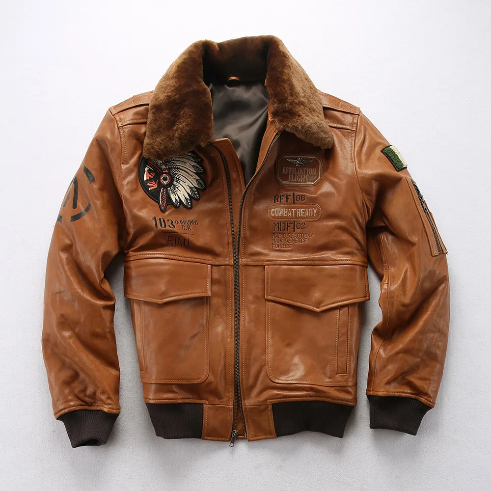 Sheepskin G1 Pilot Clothing Leather Jacket Wool Collar Indian Portrait Embroidery men's Genuine Leather coat Casual Fashion top