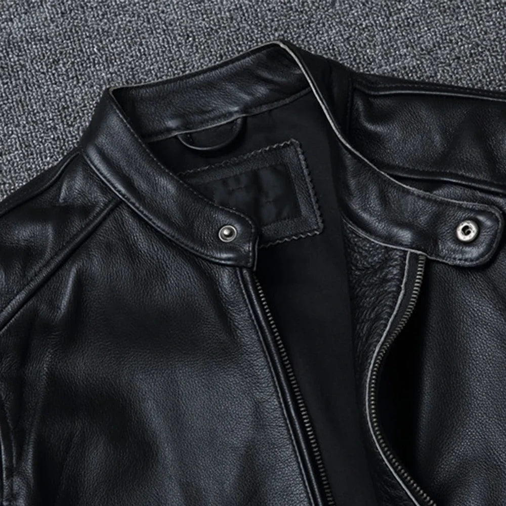Top Layer Cowhide Slim Fit Stand Collar Motorcycle Suit Men's Leather Jacket Soft Cowhide Large Size Jacket Fashion