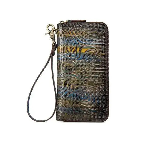 MOTAORA Women's Genuine Leather Long Wallet Retro Vintage Cowhide Bifold Card Holder Phone Purse Handmade Zipper Coin Pocket