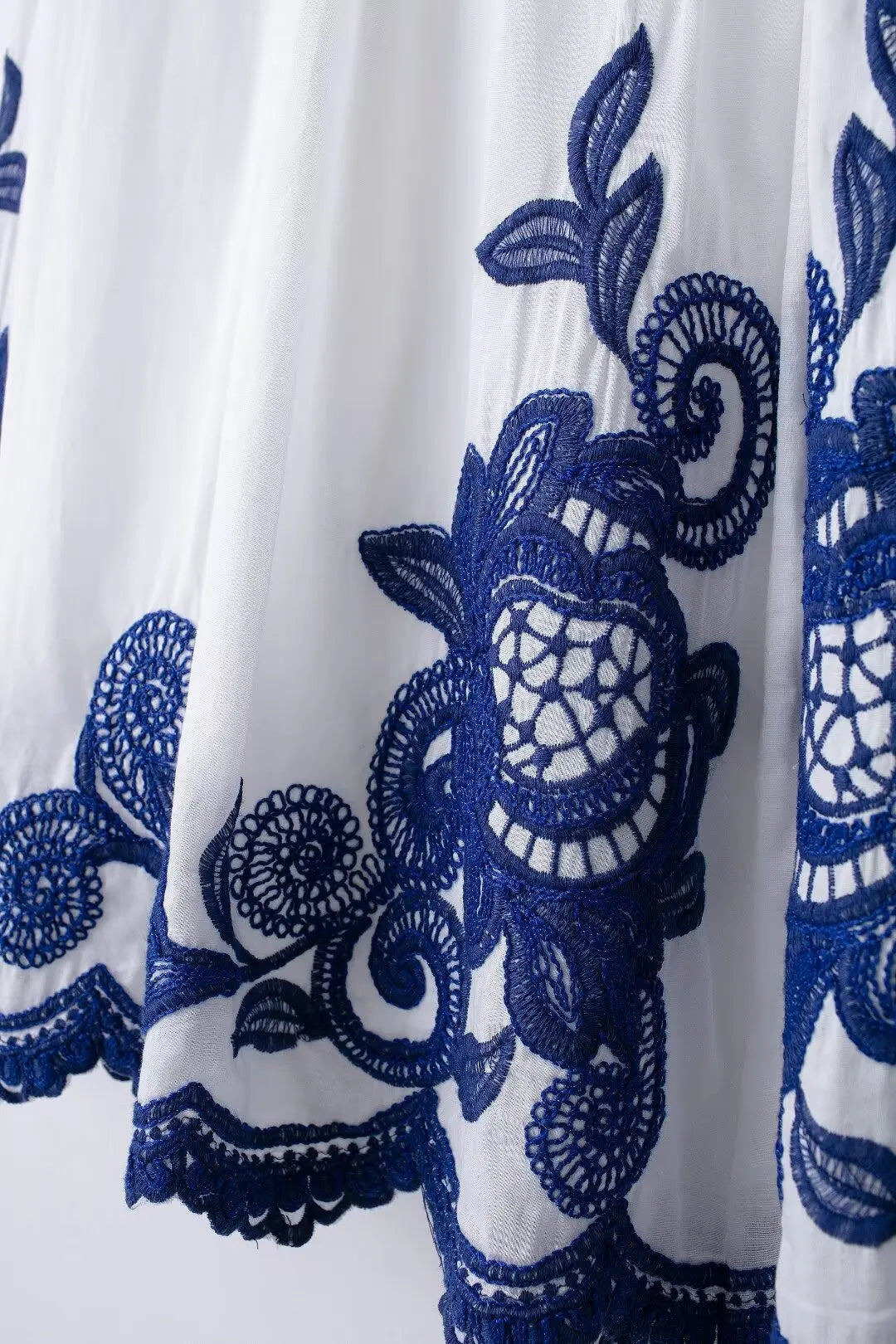 TRAFZA 2024 Women Skirt Set Blue Embroidery Three Quarter Bat Sleeve Shirt +Folds A Line Long Skirt Casual Loose Beach Holiday