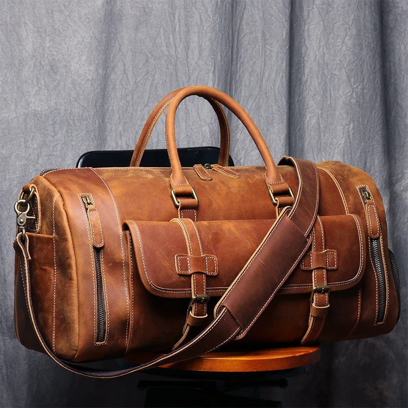 MUNUKI Vintage Crazy Horse Genuine Leather Travel bag Large Luggage bag men Leather duffle bag Large Weekend Bag Tote Big