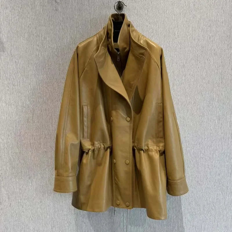 Real Sheepskin Coat Spring And Autumn Women Regular Length Pleating Design High Quality Outerwear Female Genuine Leather Jacket