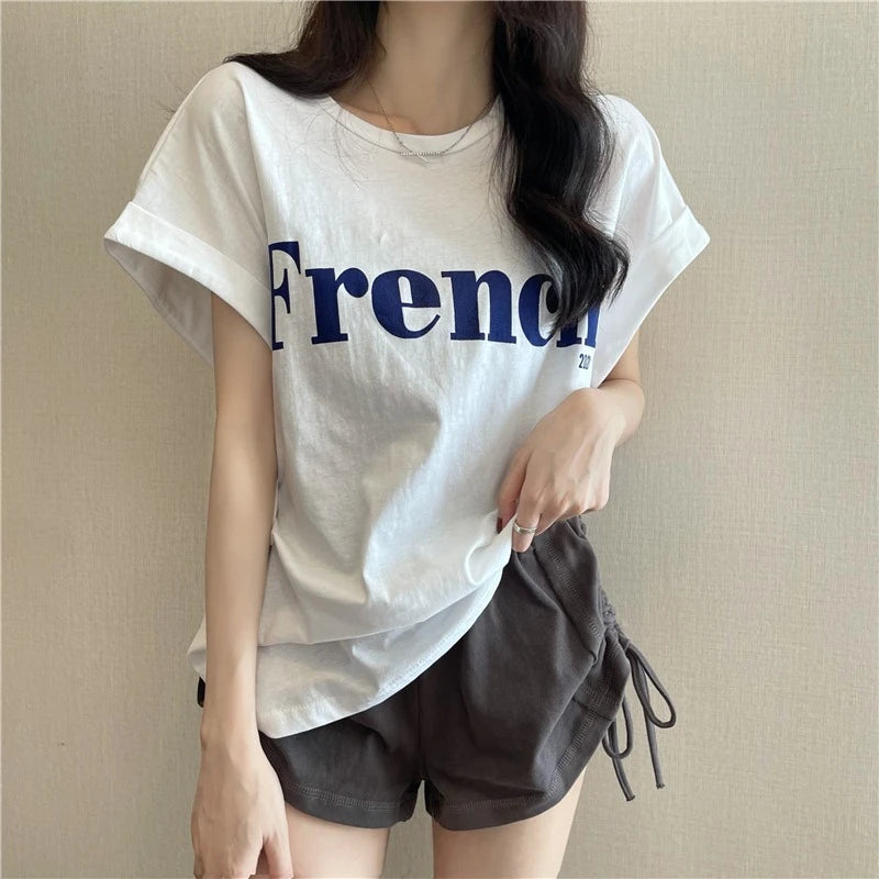 Loose ort Sve T-irt Women's Summer Thin Design Sense Hong Kong Sle Chic Retro Top Trendy round Ne Polyester ...
