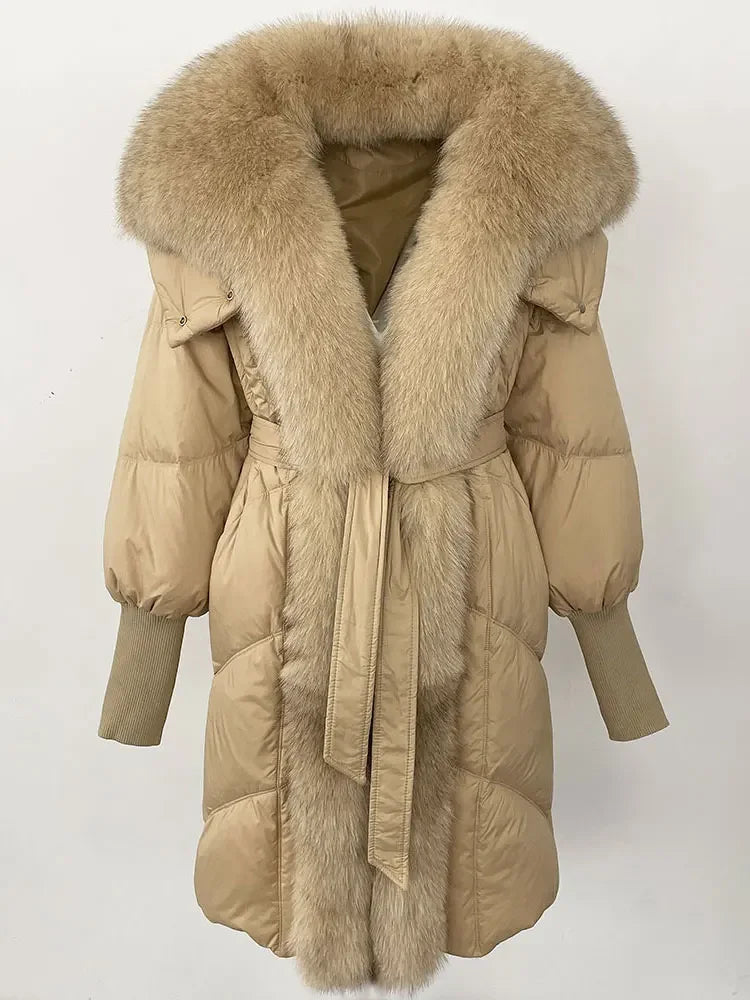 2025 Autumn Winter Women Coat Real Natural Fox Fur Long Down Jacket Thick Warm Casual Hooded White Duck Down Elegant Overwears