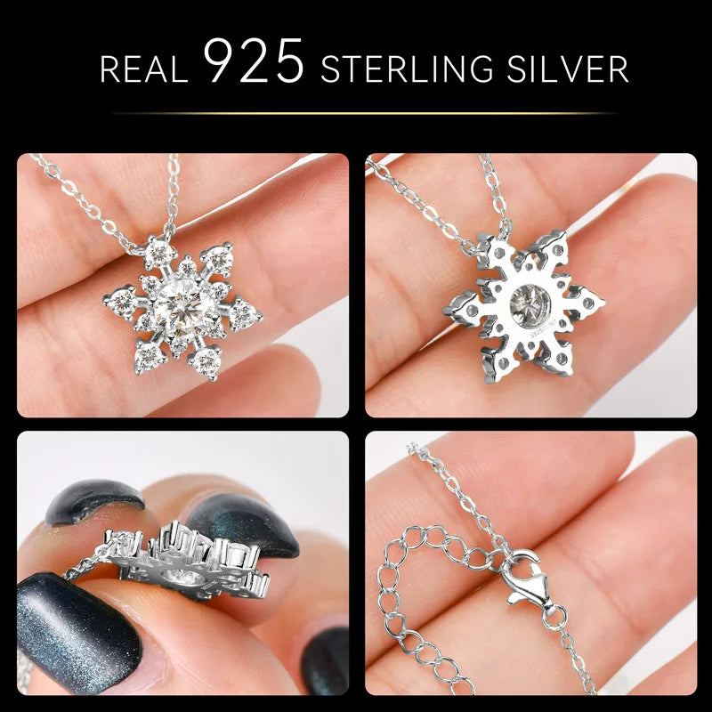 Lnngy Bling 6.5mm&3mm&2mm Moissanite Necklace 925 Sterling Silver Snowflake Pendant Necklaces for Women Christmas Jewelry Gift