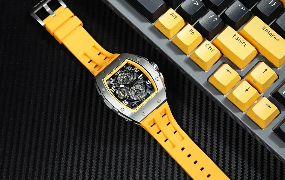 TSAR BOMBA Luxury Mens Watch Top Brand Wristwatch Tonneau Clock Rubber Strap Chronograph Sapphire Watches for Men