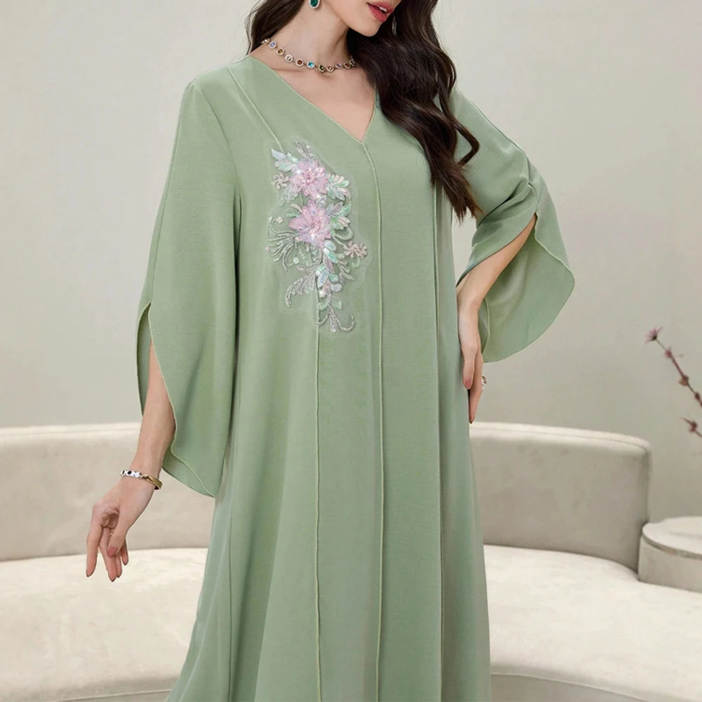 Rafiah Summer Dresses 2025 Women's Appliques Plain Draped Long Flare Sleeve V-Neck Loose Fit Basics Arabian Midi Dress