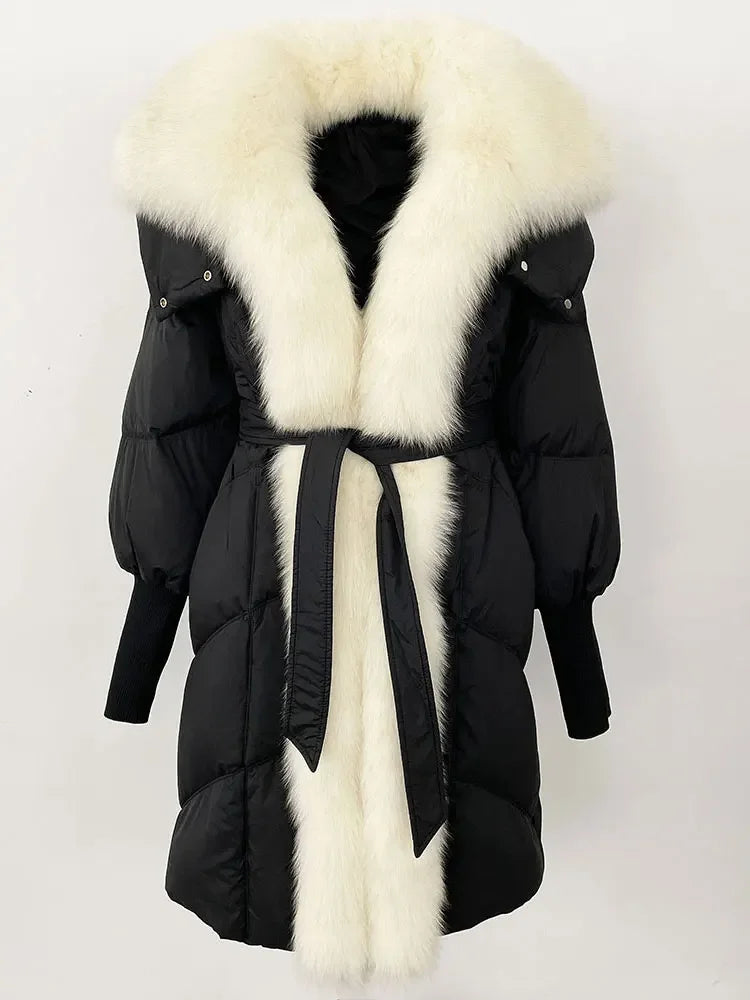 2025 Autumn Winter Women Coat Real Natural Fox Fur Long Down Jacket Thick Warm Casual Hooded White Duck Down Elegant Overwears