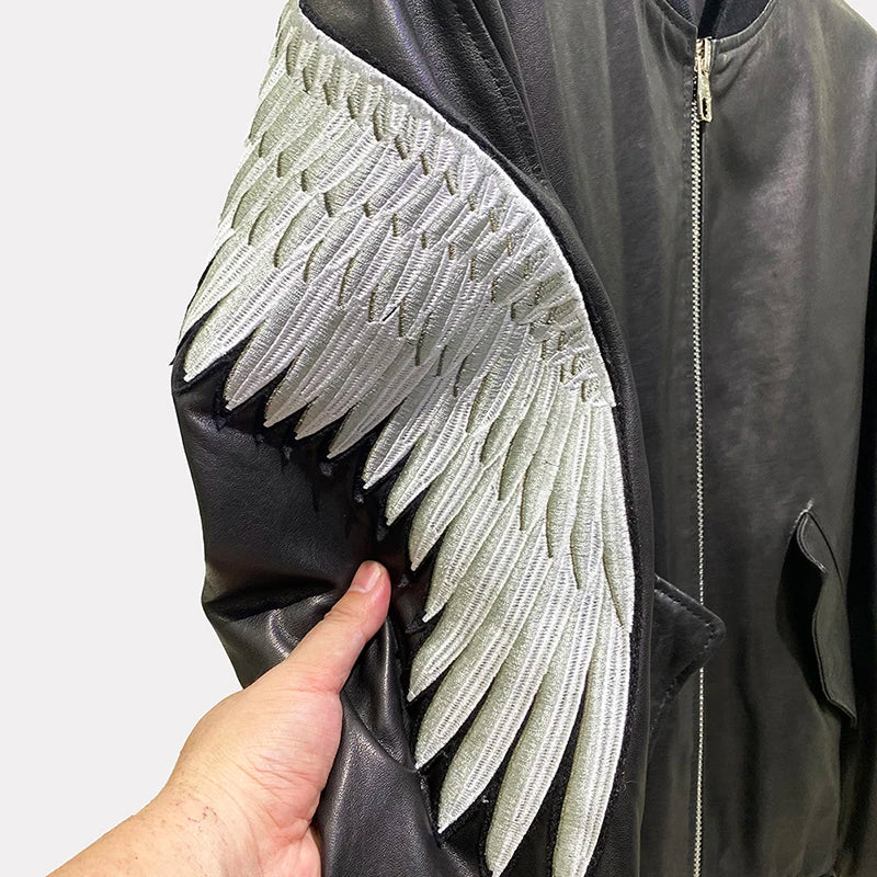 Embroidered eagle wings leather baseball jersey men stand-up collar full vegetable tanned sheepskin genuine leather jacket tops