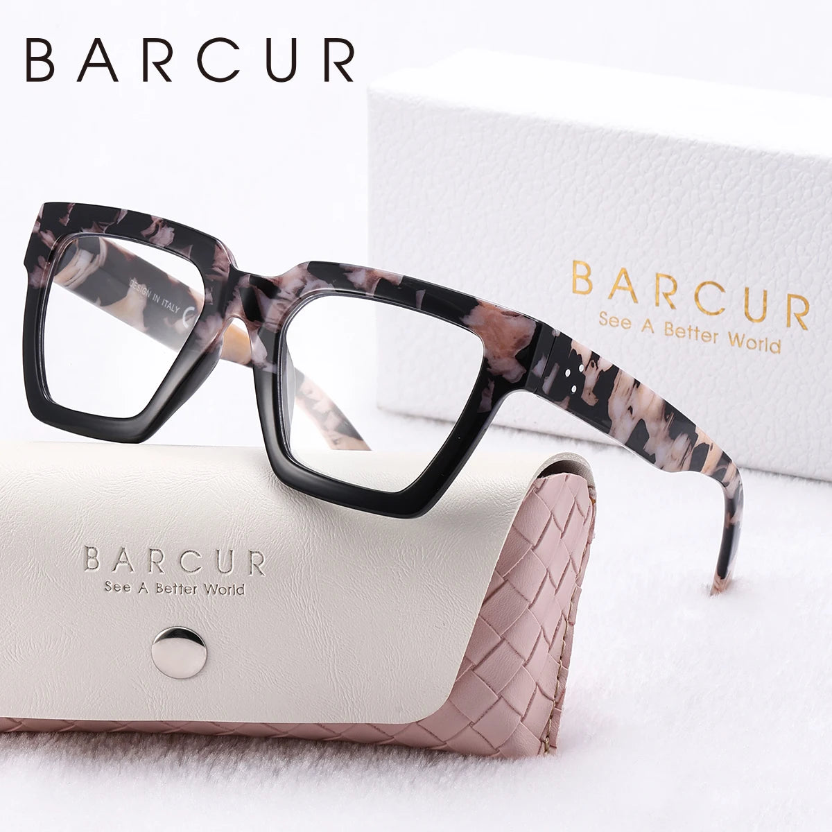 BARCUR Women Large Frame Pink Reading Glasses PC Square Thick Frame Reading Multiple Degree Optional Men Glasses White Gift Box