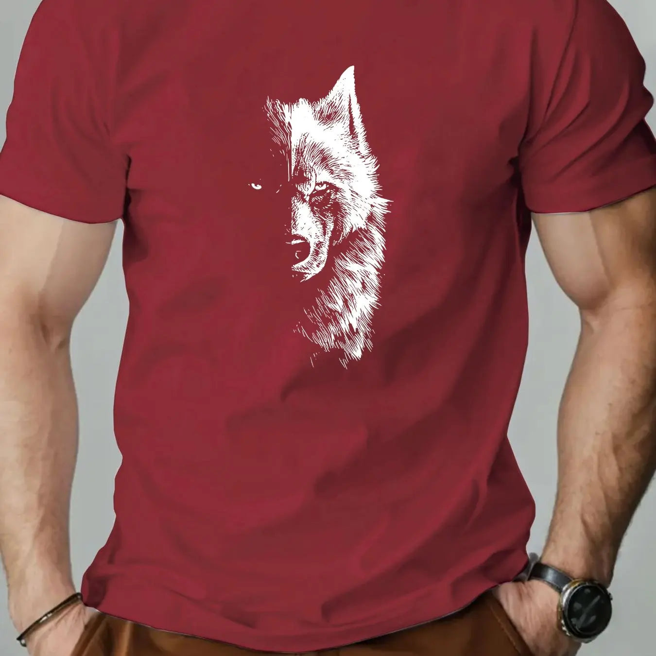 🐺 Men’s Summer 100% Cotton Casual T-Shirt,Half Wolf Pattern Print | Loose Fit | Round Neck | Breathable Comfort