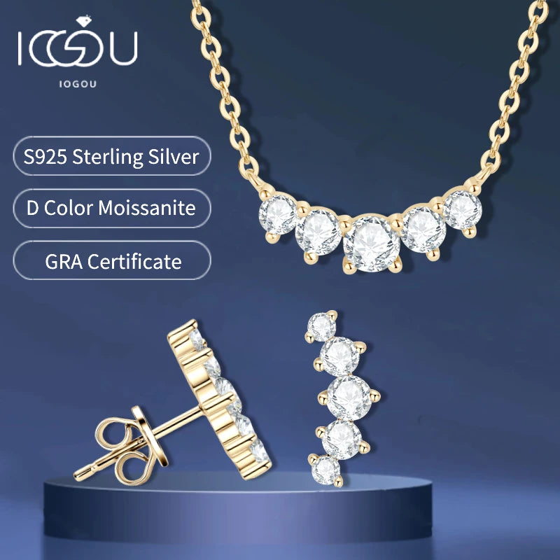 18K Gold Plated 925 Silver Real Moissanite Jewelry Set 5-Stone Smile Pendant Necklace Stud Earrings Sets for Women Christma Gift