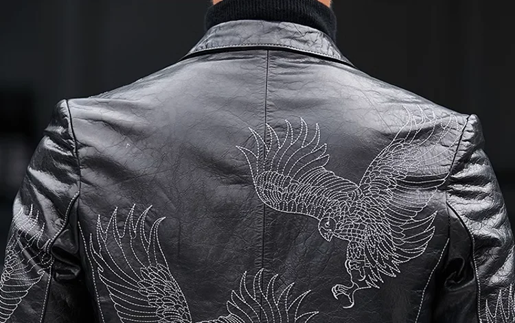 Business Men Fashion Eagle Embroidery Blazer Jacket Slim Fit Work Suit Coat Spring Autumn Natural Cowhide Genuine Leather Jacket