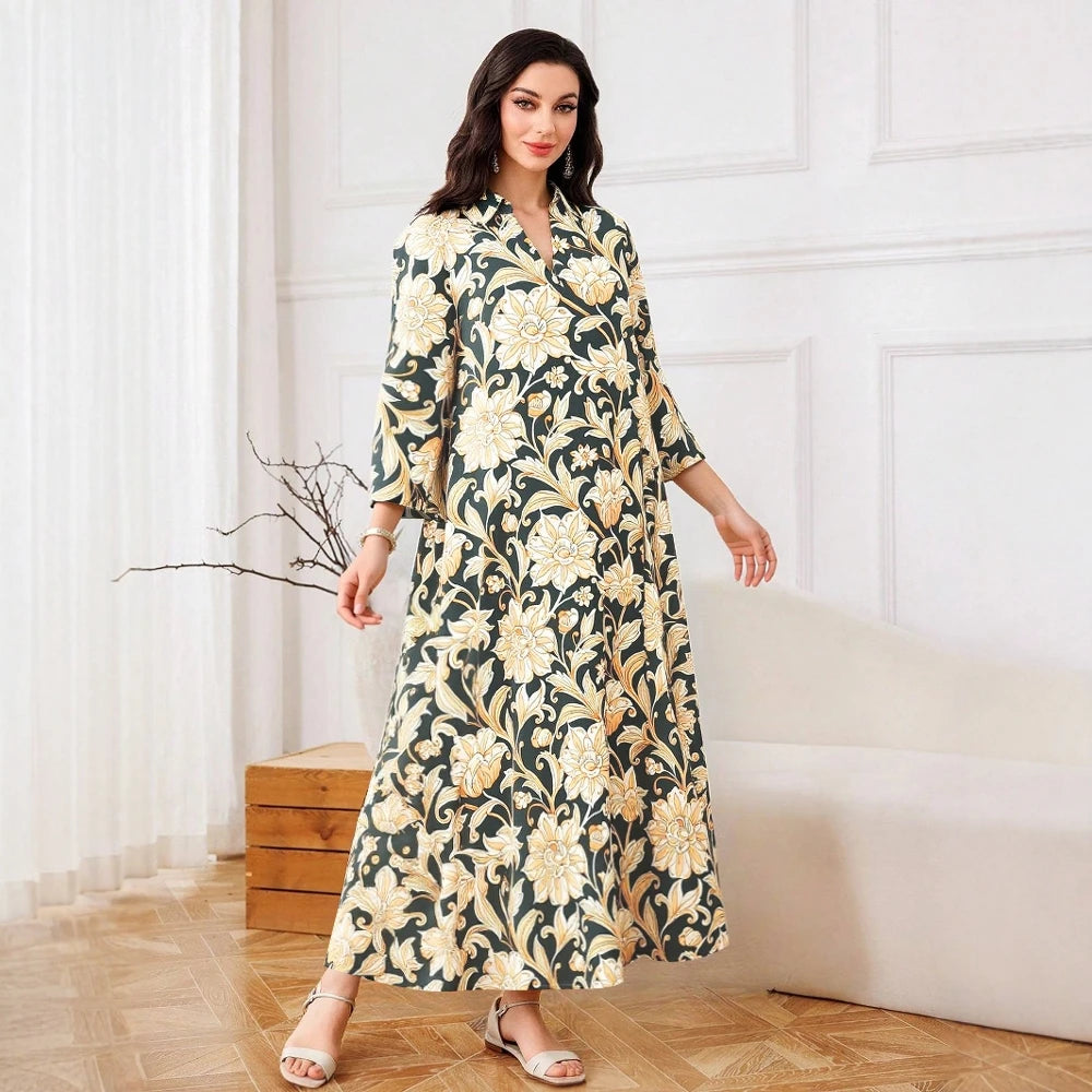Rafiah Women's Dresses Summer Elegant 2025 Floral Modest Fashion Long Sleeve Shirt Collar A-Line Midi Vacation Long Dresses